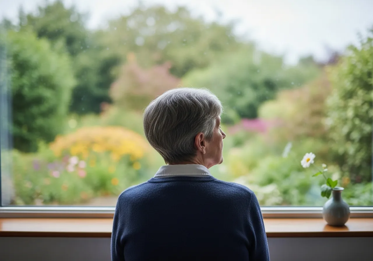 An older person in a comfortable room stands looking thoughtfully out a window on an overcast day.