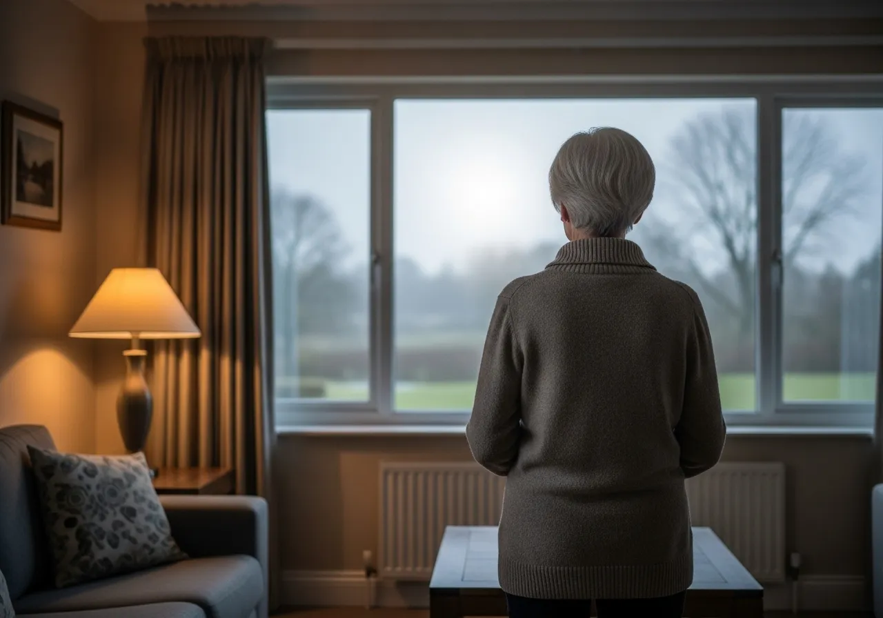 A person stands in a living room, looking out a large window at an overcast sky.