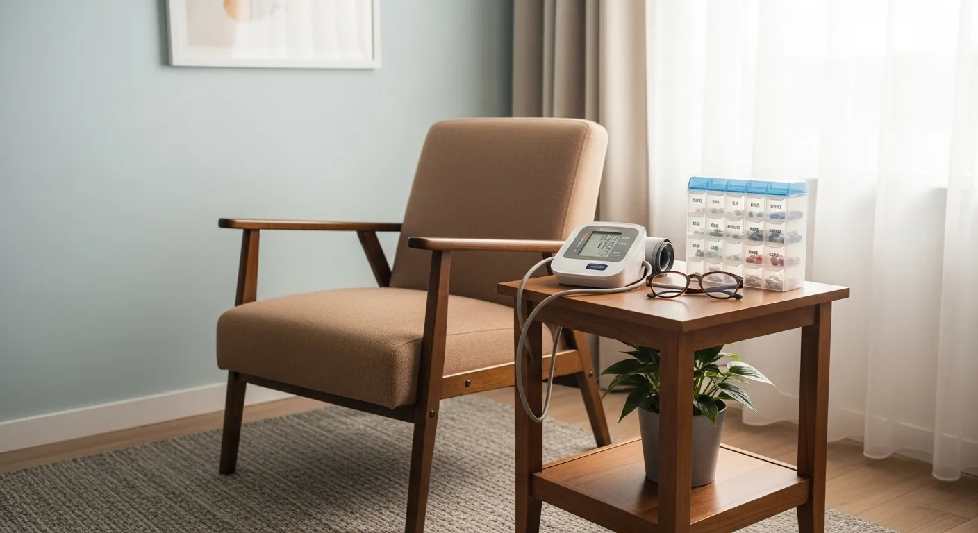 A blood pressure monitor and pill organizer on a side table next to a comfortable armchair, illustrating home health management and medical equipment 