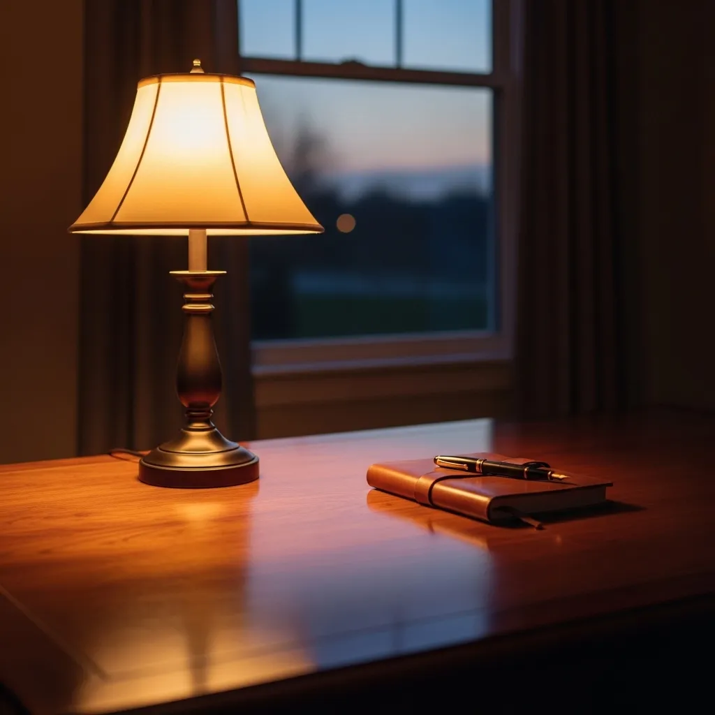 A warm lamp on a wooden desk provides a pool of light in a dark room, suggesting focus and planning.