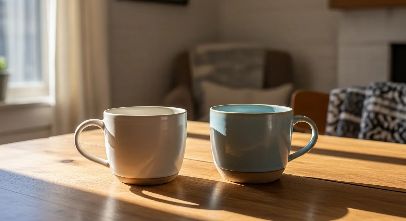Two coffee mugs sit on a sunlit wooden table in a comfortable kitchen, suggesting a quiet conversation.