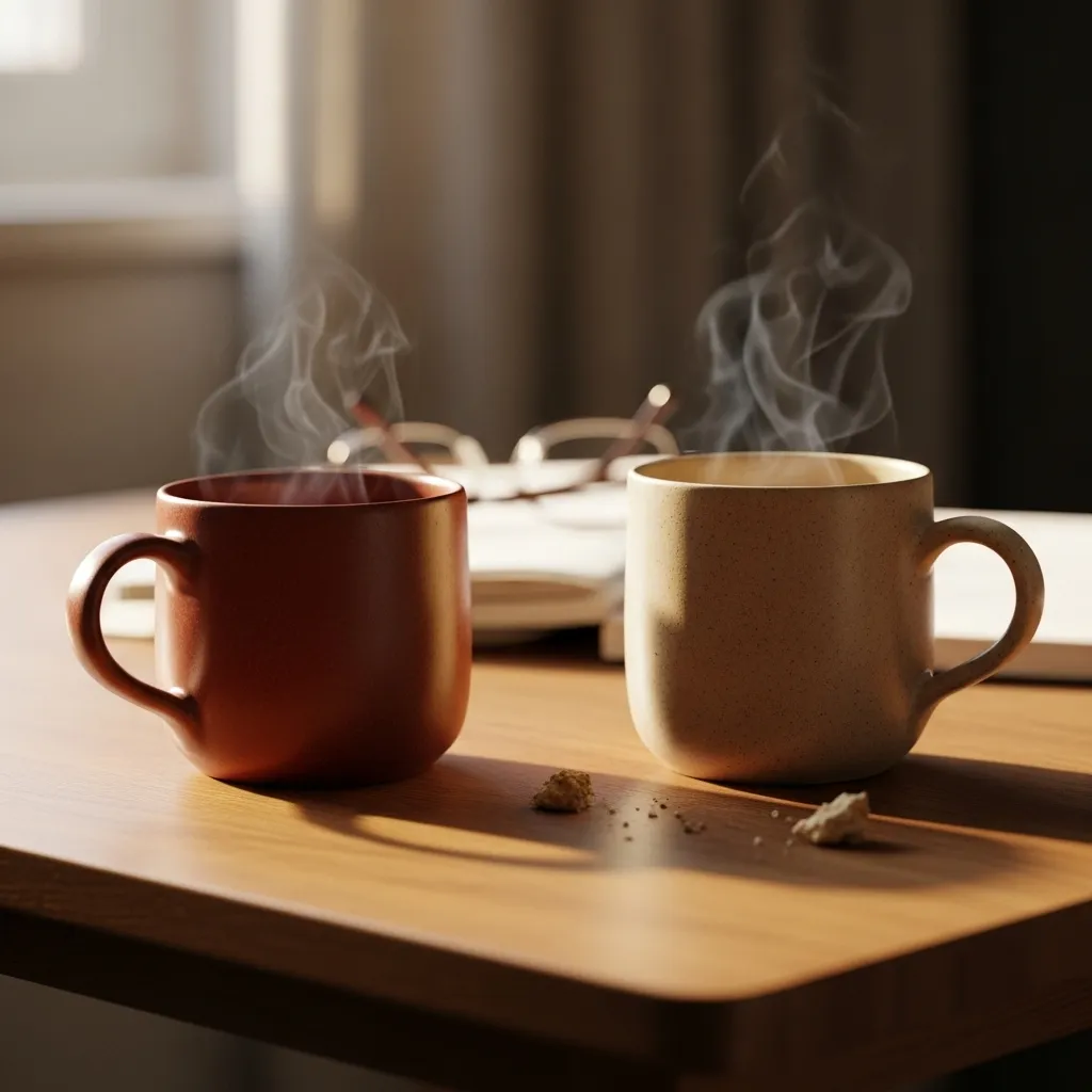 Two coffee mugs on a sunlit kitchen table, symbolizing an important discussion about family finances and estate planning.