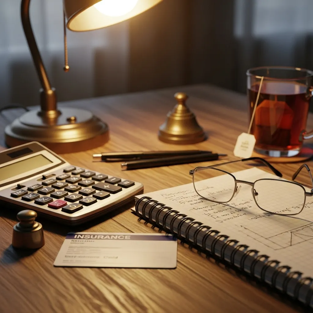 A calculator, reading glasses, and a notepad with scribbled notes on a desk, representing financial planning for healthcare.