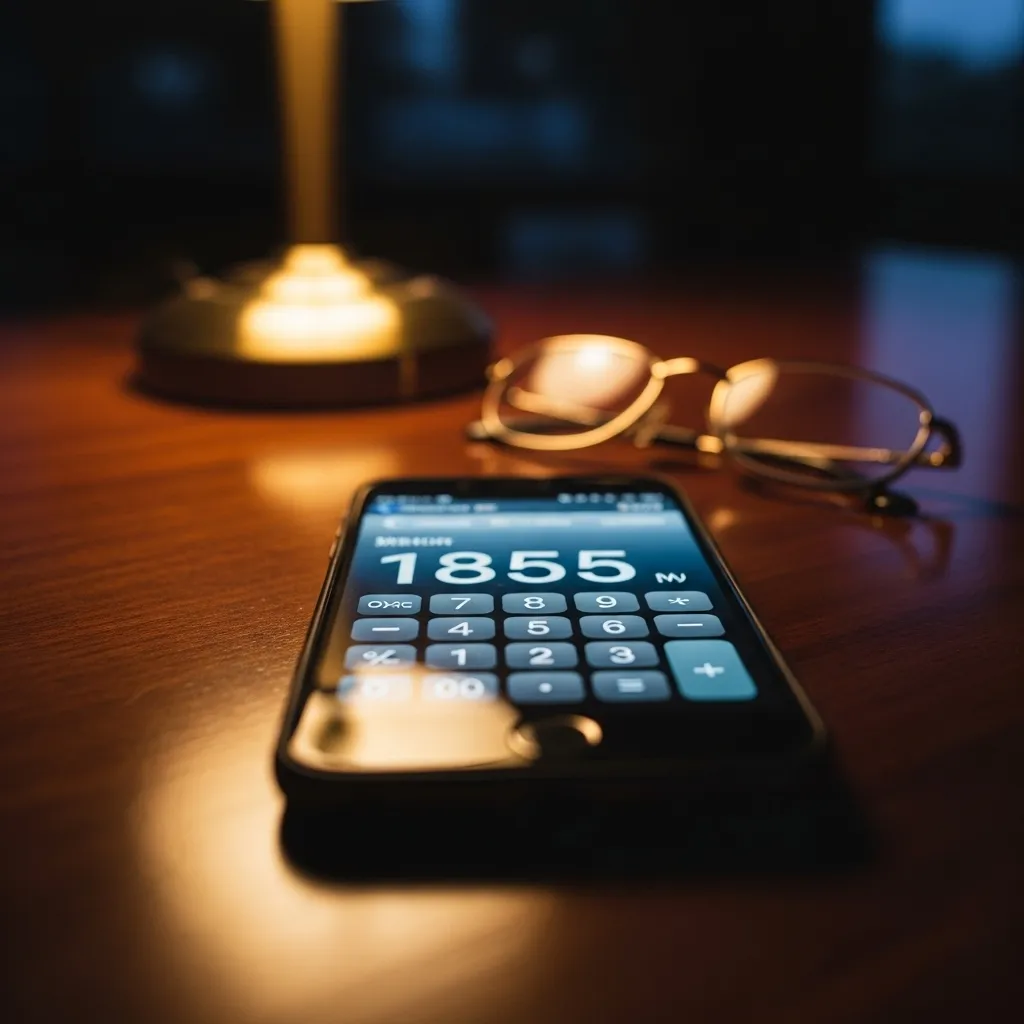 A smartphone with a blurred calculator app and reading glasses on a wooden table, illuminated by warm lamplight.