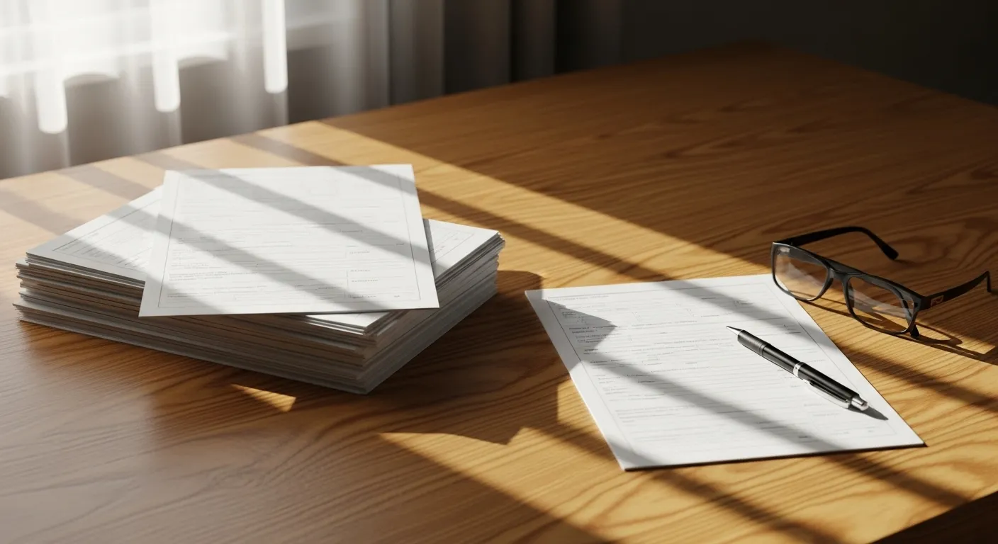 A desk with a single form and pen set apart from a stack of papers, with reading glasses nearby in the morning sun.