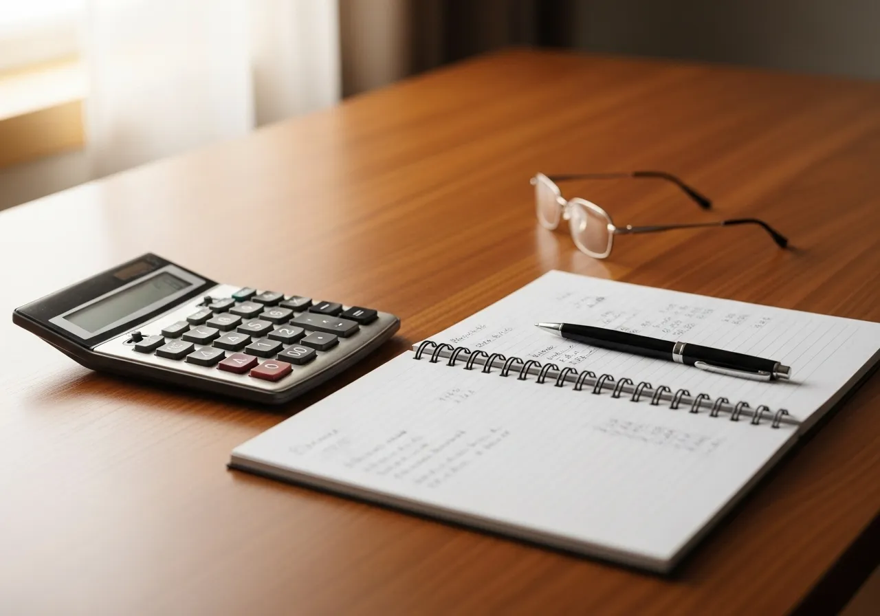 A sunlit desk prepared for financial planning, with a calculator, notepad, and reading glasses, suggesting thoughtful retirement budgeting.