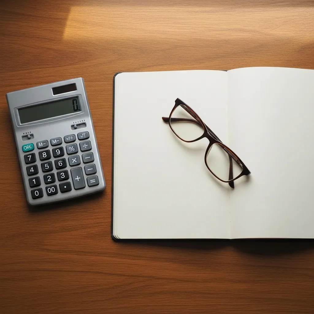 A flat lay of a calculator, an open notebook, and reading glasses on a wooden desk, representing financial planning for seniors.