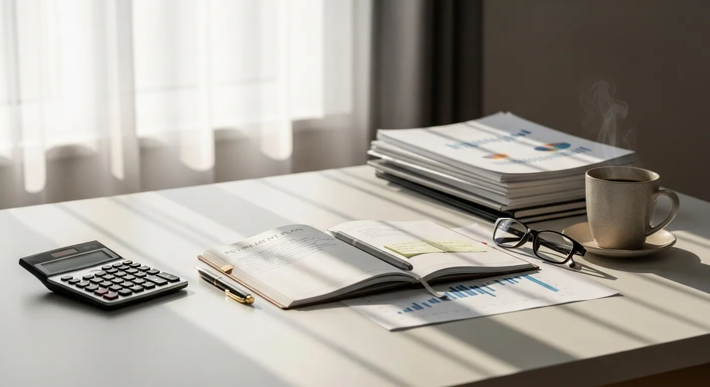 A tidy desk with a planner, calculator, and papers organized for financial planning, illuminated by natural window light.
