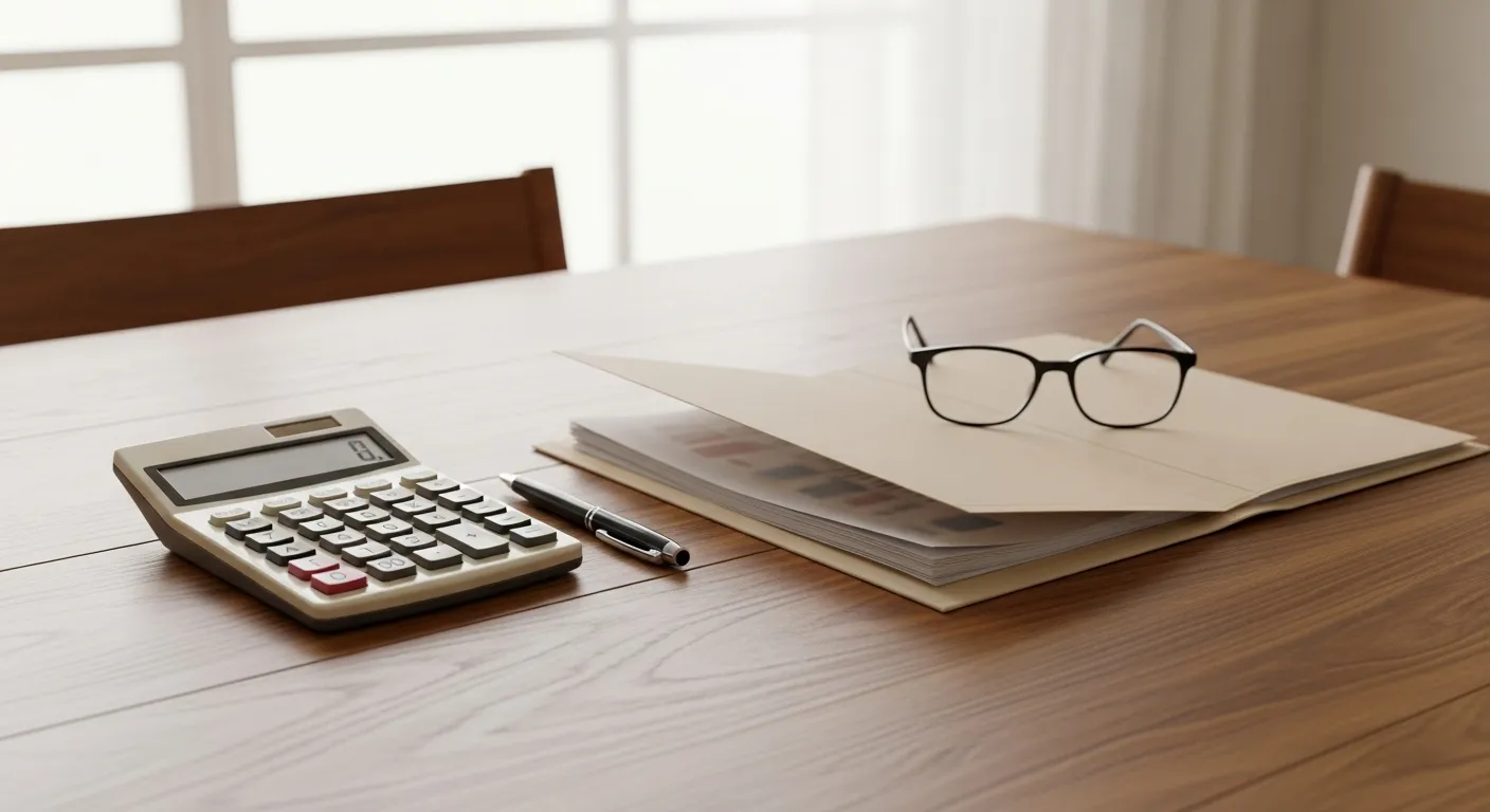A sunlit dining table with a calculator, pen, blurred paperwork, and reading glasses for senior financial planning.