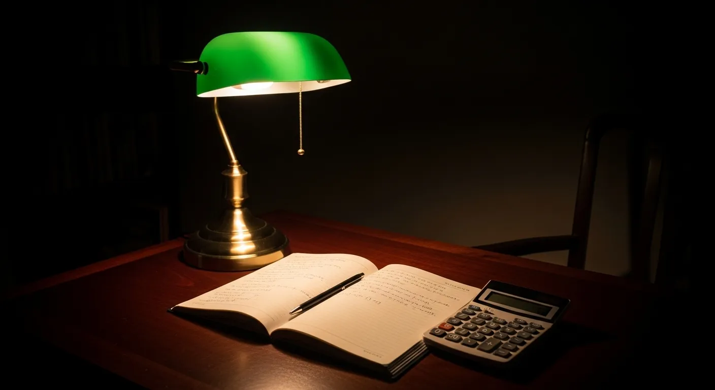 A desk at night with a single lamp lighting up a calculator and a notepad for financial planning.