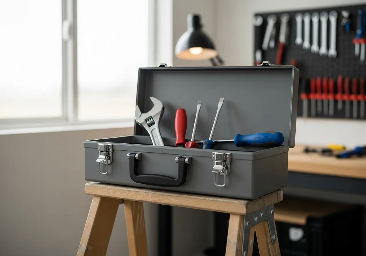 A tidy toolbox with basic hand tools sits open on a stepladder, ready for small home repairs.