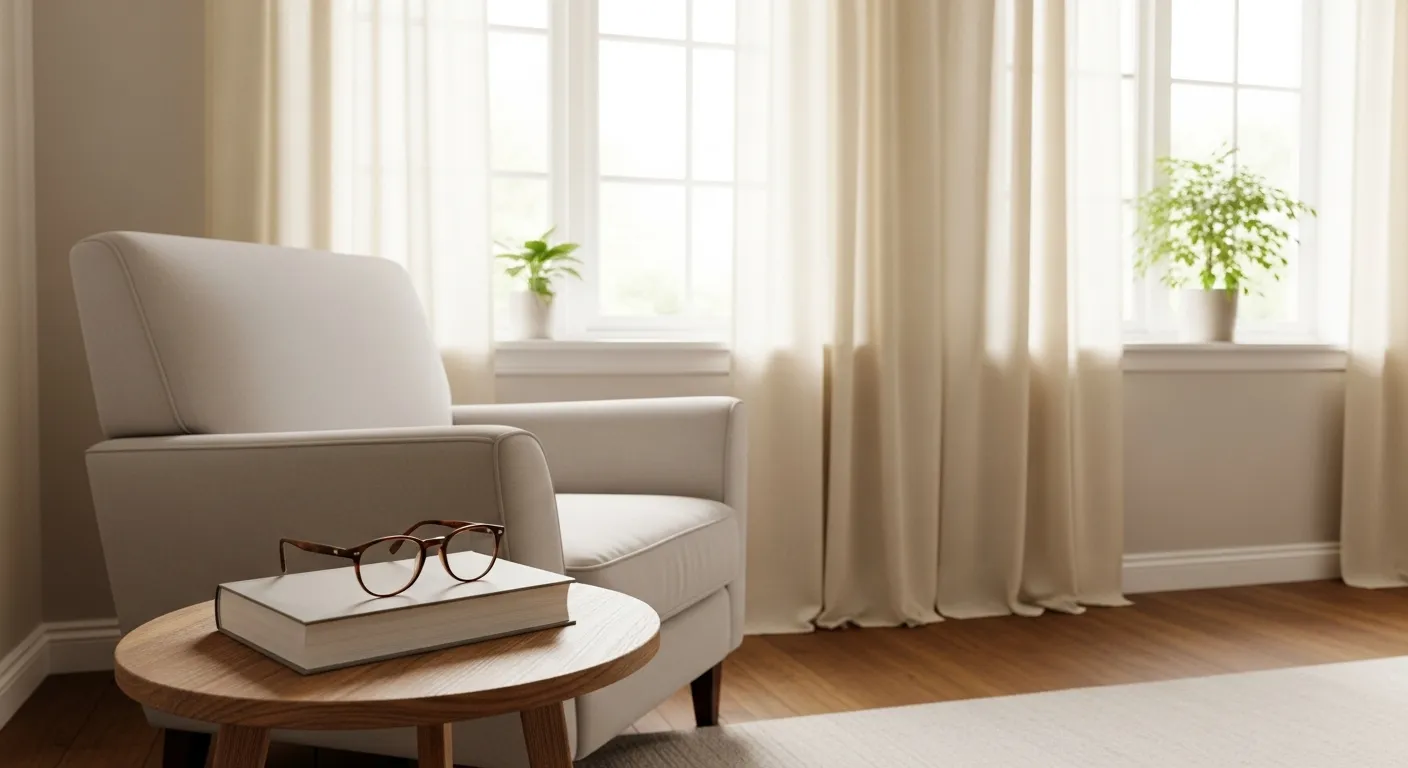 A comfortable, empty armchair sits in a sunlit corner next to a window, with a book and reading glasses on a side table, conveying a sense of peaceful
