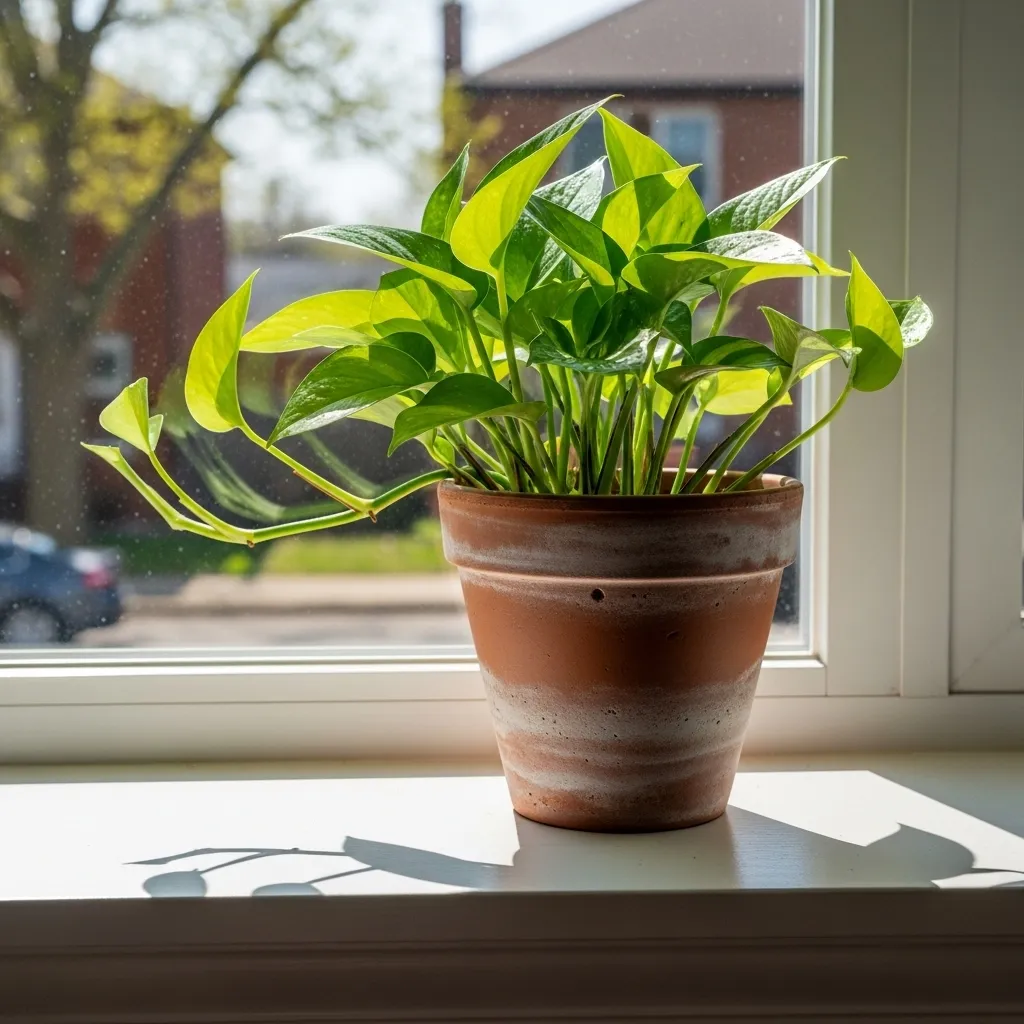 A potted plant on a sunny windowsill, with a soft-focus view of a home's exterior outside.