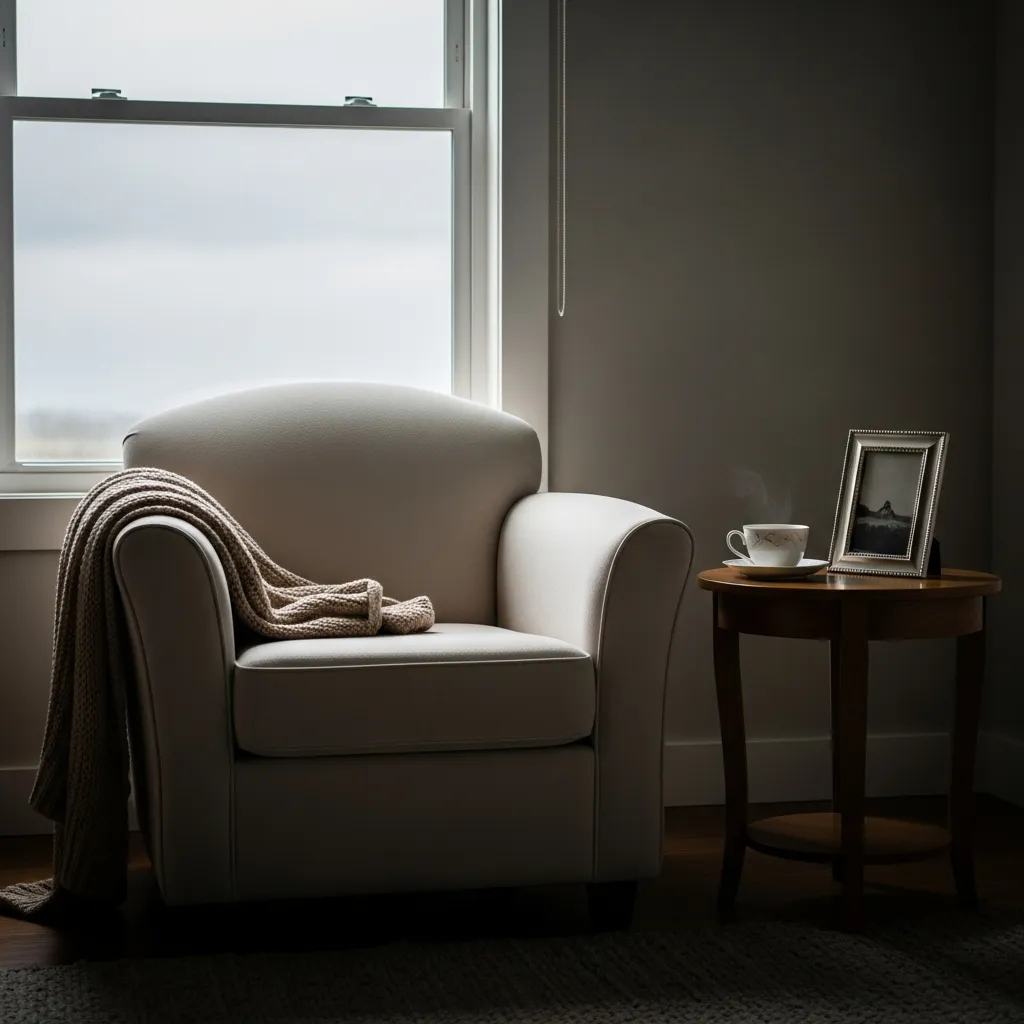 A tranquil living room corner with an empty armchair, a side table with a teacup, and a small picture frame by a window.