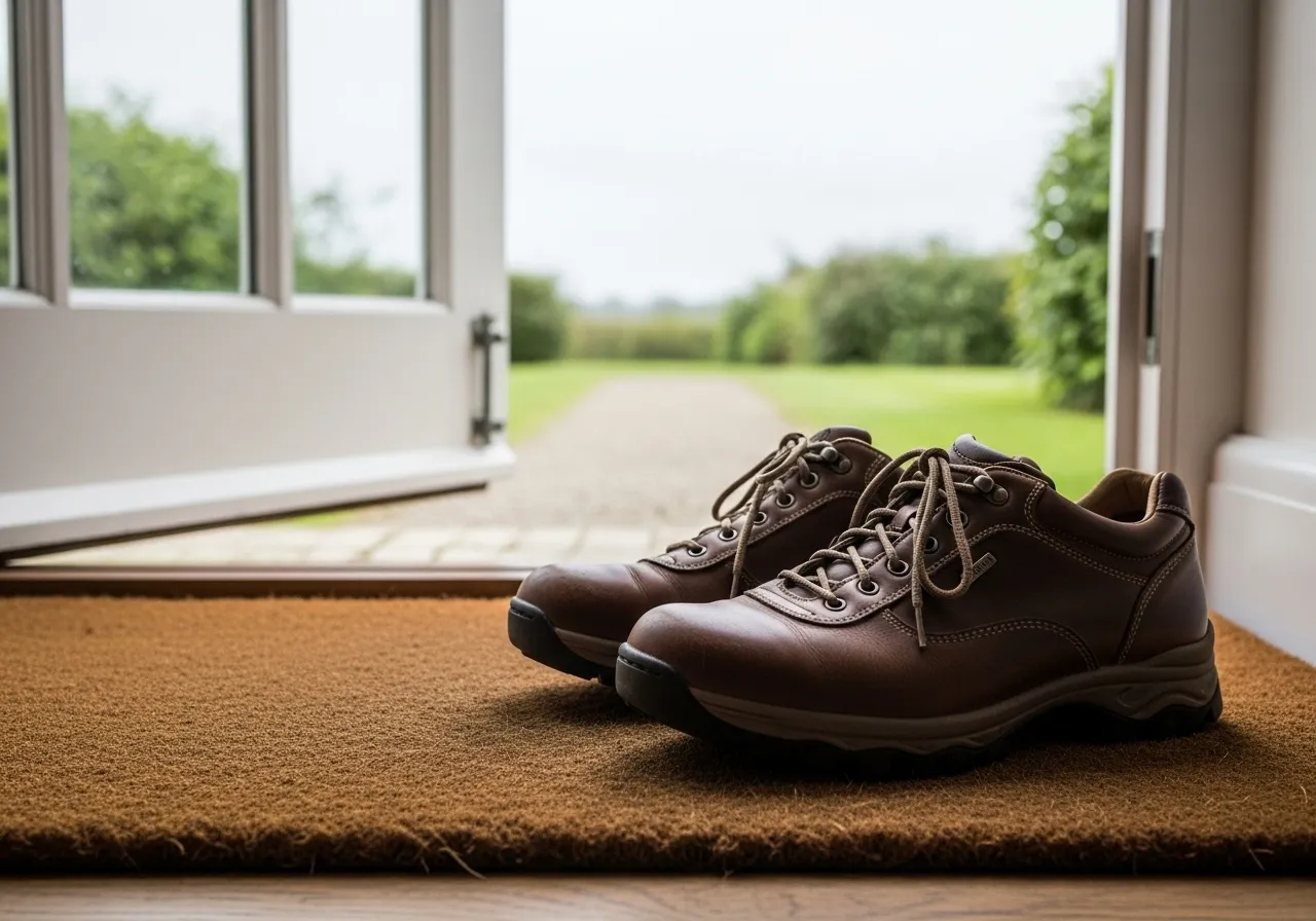 A pair of walking shoes by a door, symbolizing the long journey of retirement and the need for preparedness.