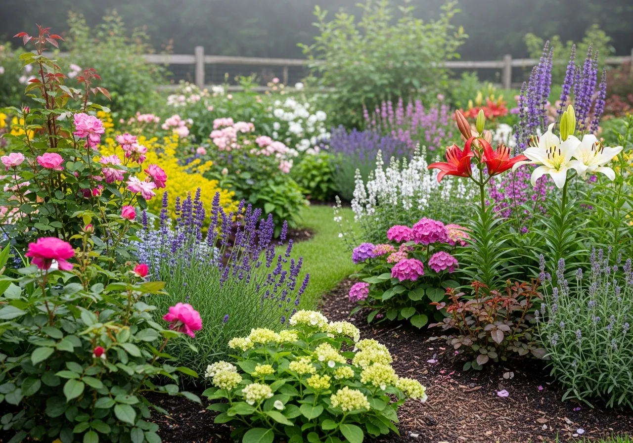 A thriving garden bed with blooming flowers under the soft, even light of an overcast sky.