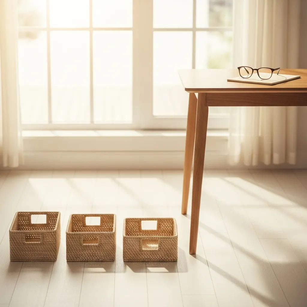 Three empty baskets lined up in a sunlit room, ready for sorting belongings, with a notepad and reading glasses on a desk nearby.