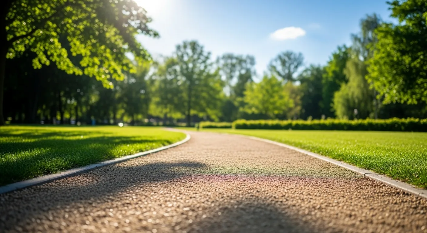 A peaceful, empty walking path winds through a sunny public park, suggesting a serene place for activity in retirement.