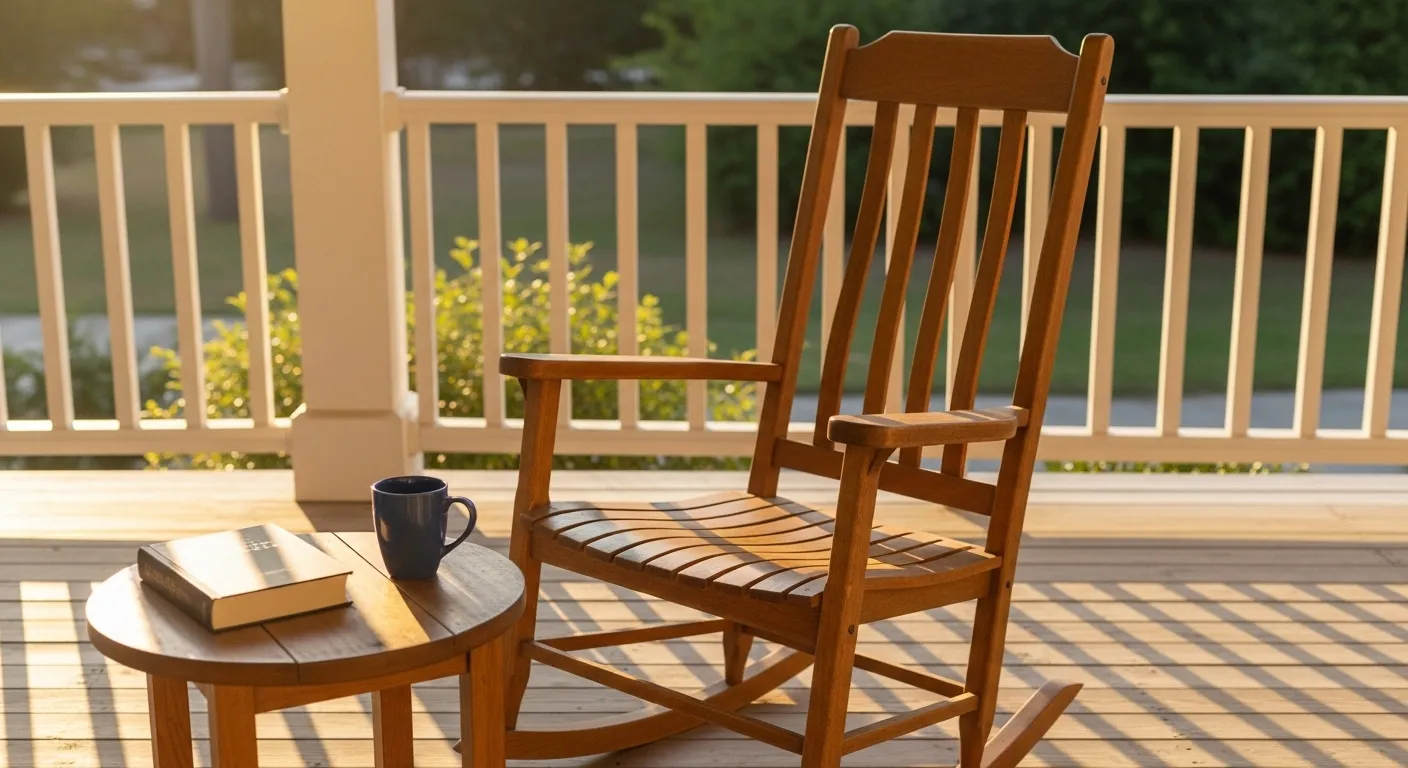 An empty wooden rocking chair and a side table with a book and mug on a sunlit porch.