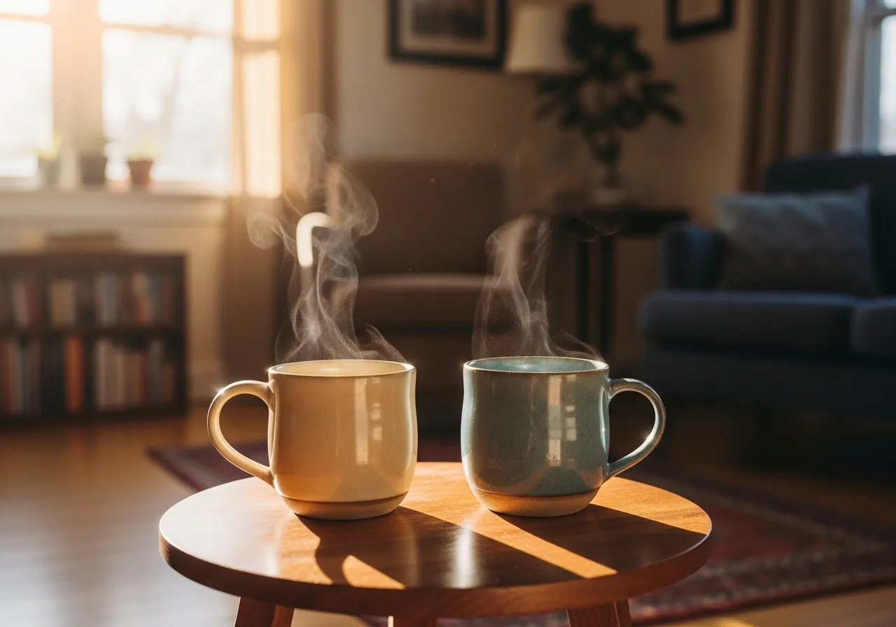 Two coffee mugs sit on a small wooden table next to a window with soft afternoon light, creating a calm setting.