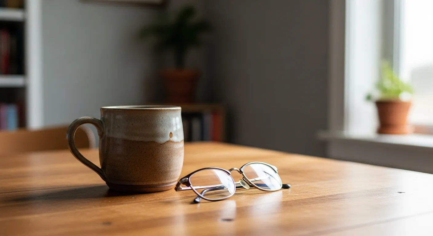 One coffee mug and a pair of reading glasses sitting on a wooden table in soft daylight.