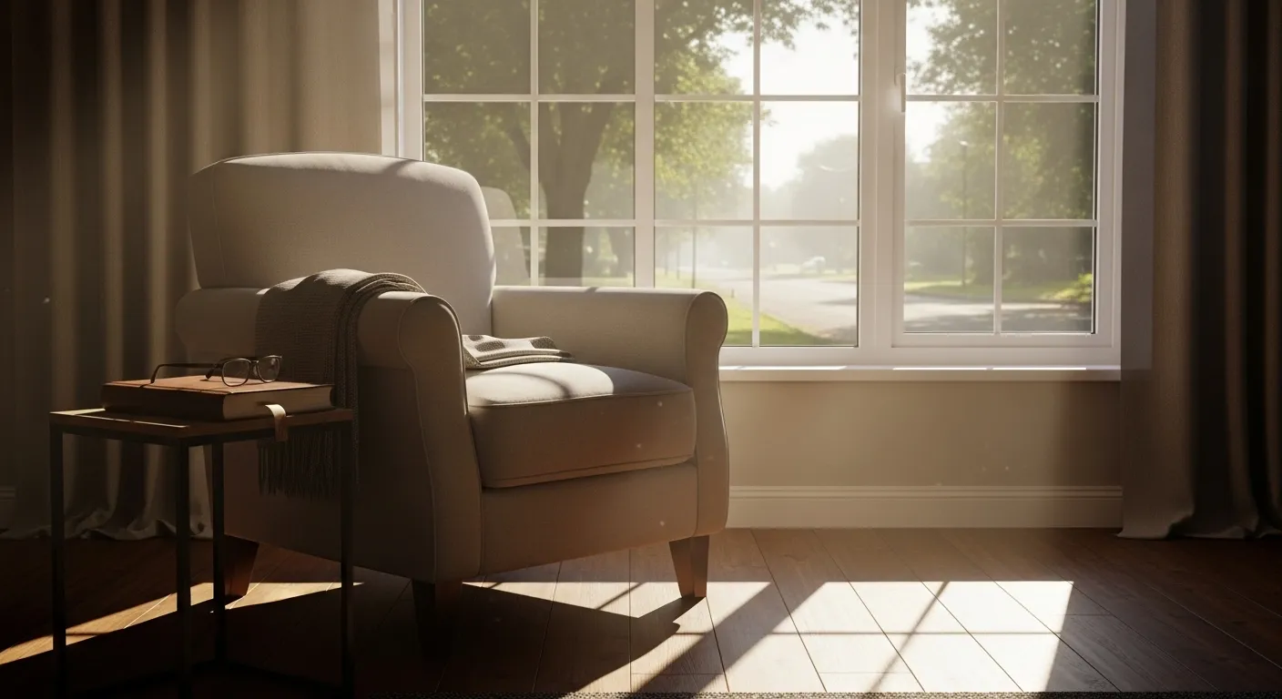 An empty armchair sits in a sunlit corner of a quiet room, suggesting a peaceful and comfortable retirement at home.