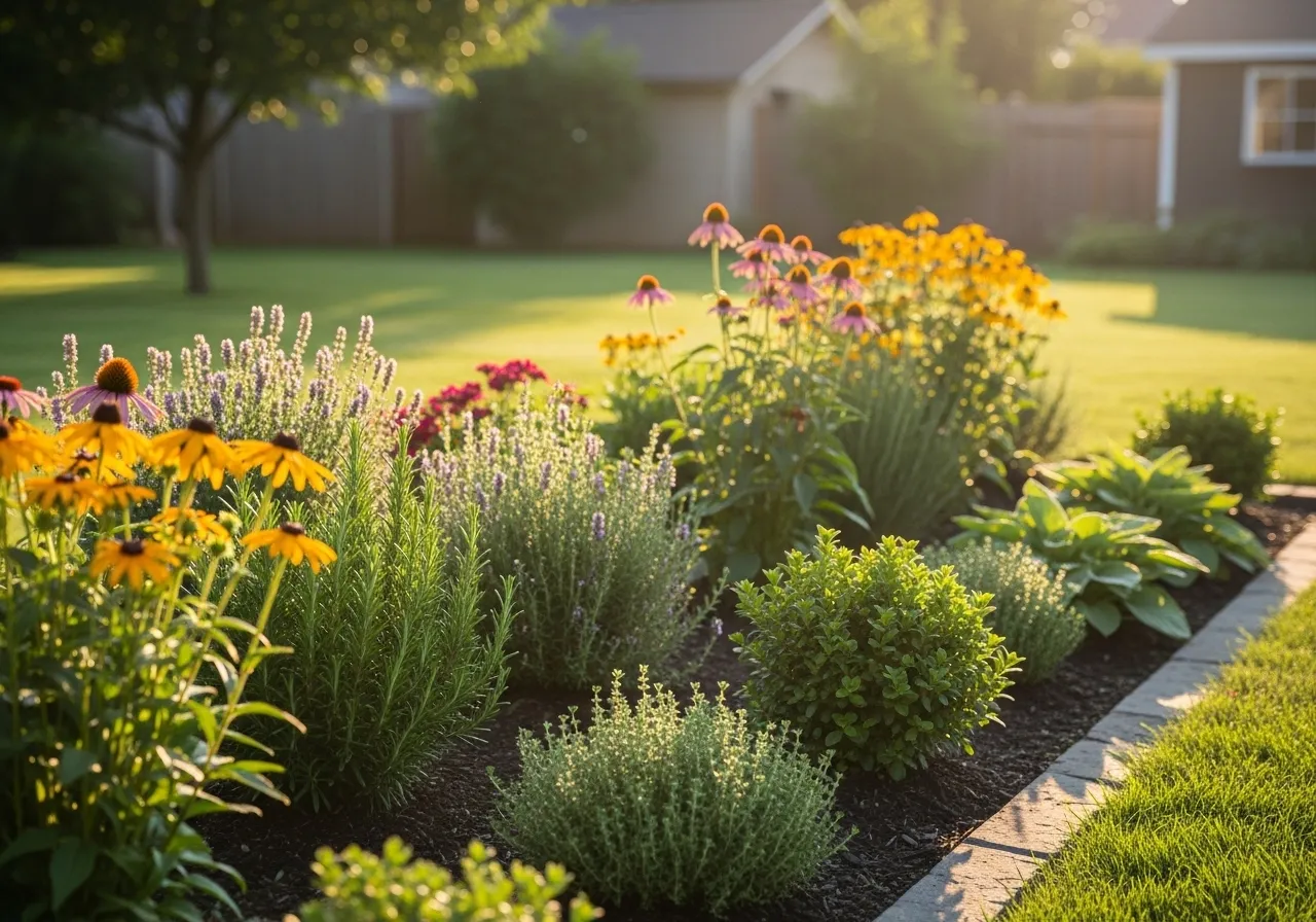 A close-up of a lush, orderly home garden in warm sunlight, representing financial growth and retirement security.