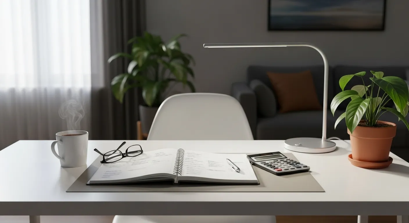 A sunlit desk prepared for financial planning, with an open planner, calculator, and reading glasses.