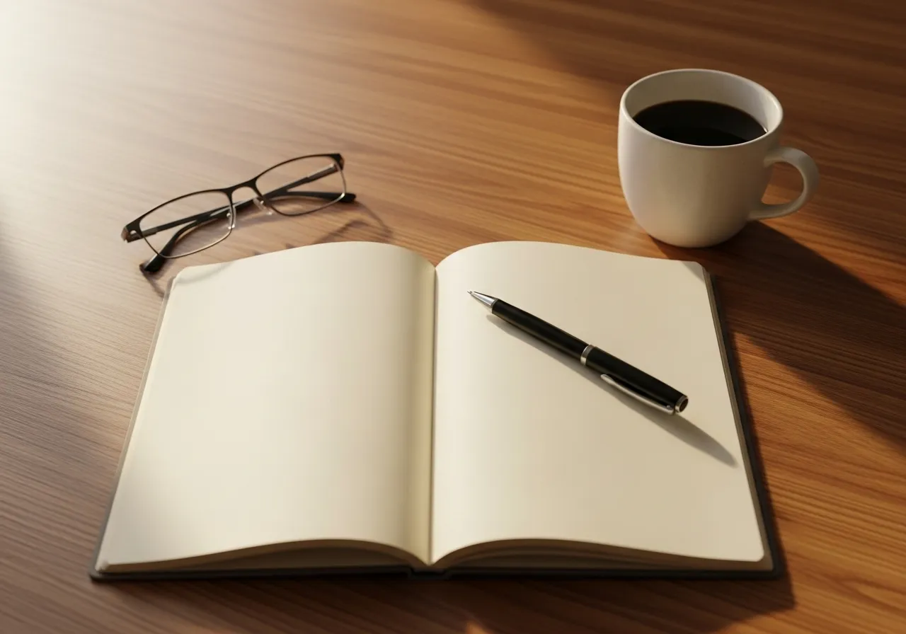 An open planner, a pen, reading glasses, and a mug of coffee arranged neatly on a wooden desk in soft daylight.