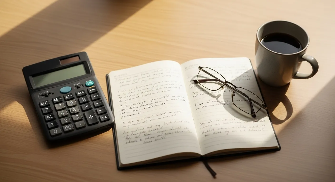 A sunlit desk prepared for financial planning with a calculator, notebook, and reading glasses.