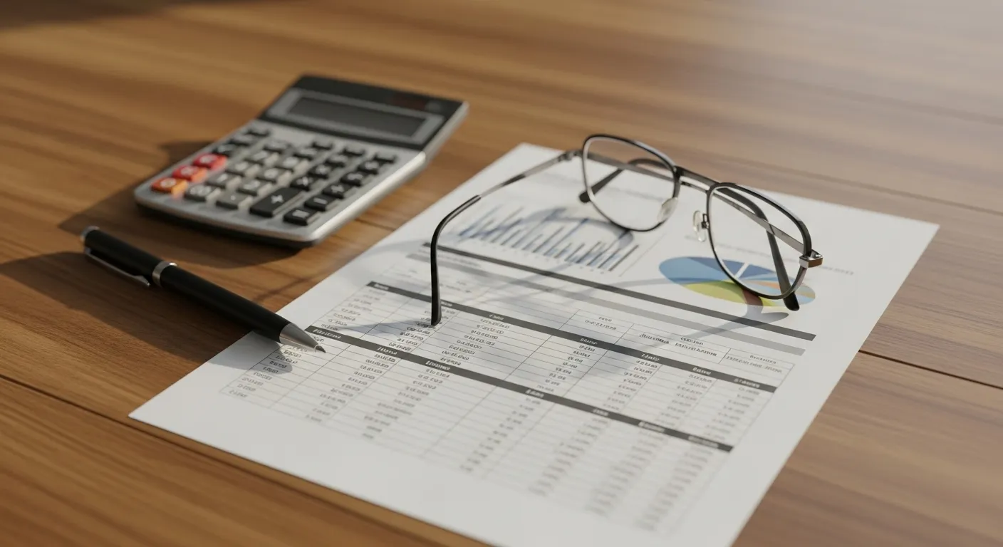 A desk with a financial statement, calculator, and reading glasses, representing the process of reviewing Social Security benefits.