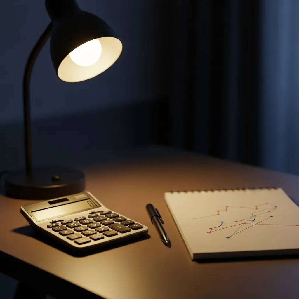 A calculator and notepad on a dark wood desk, warmly lit by a single desk lamp in a dim room.
