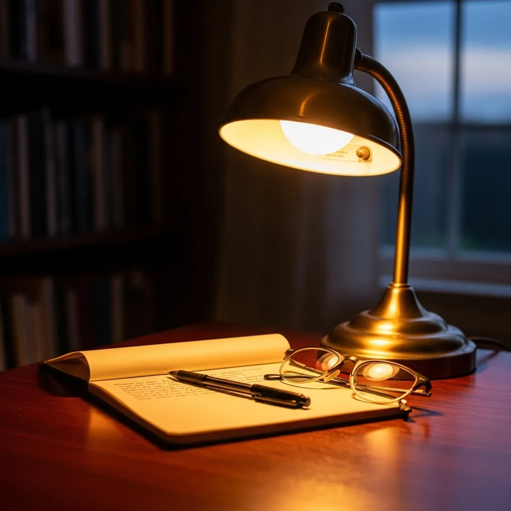 A desk lamp shines on a notepad, pen, and reading glasses on a wooden desk at night.