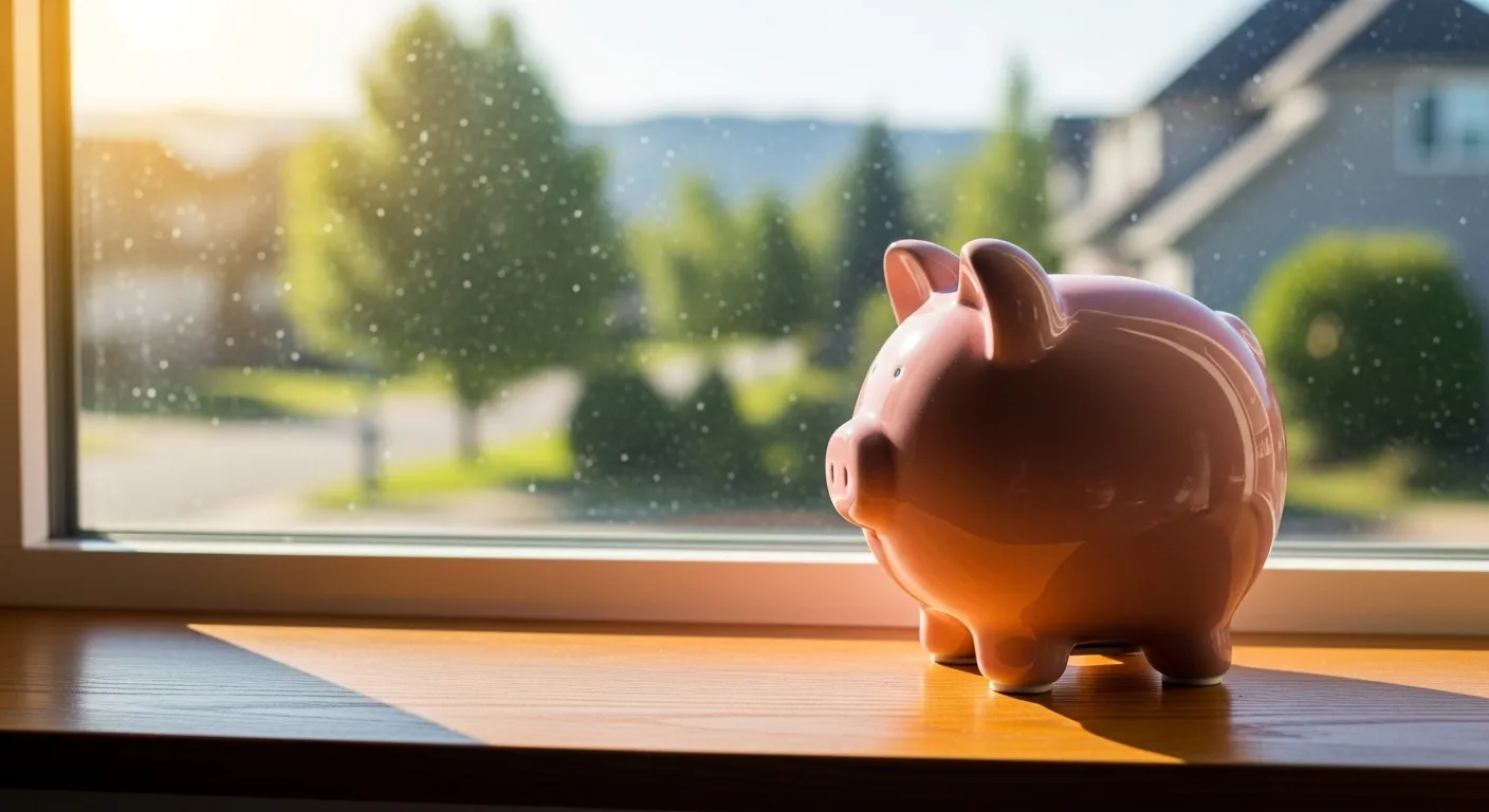 A piggy bank sits on a sunny windowsill, symbolizing savings and a secure financial future for seniors.