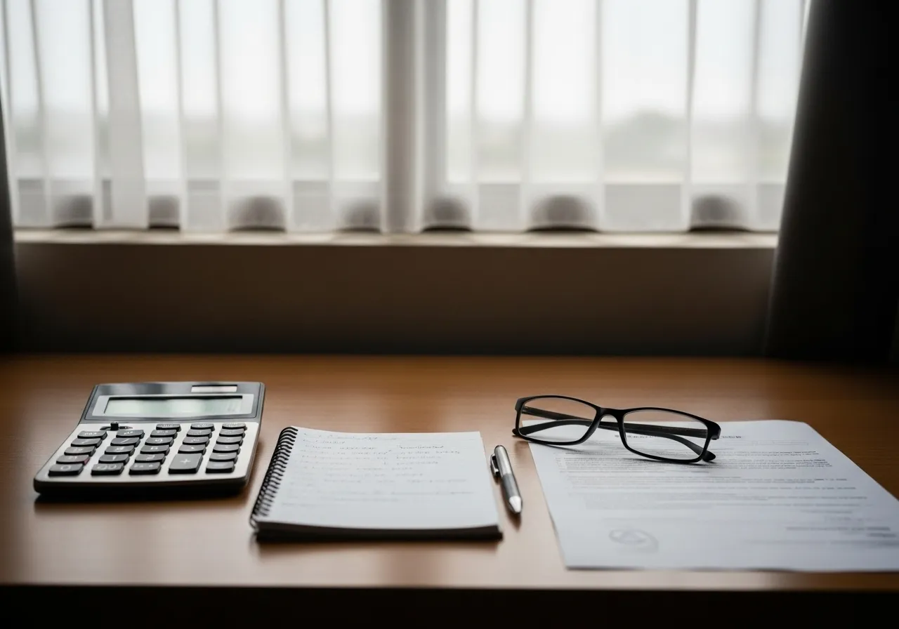 A neat desk setup for financial planning with a calculator, notepad, and reading glasses next to a blurred form.
