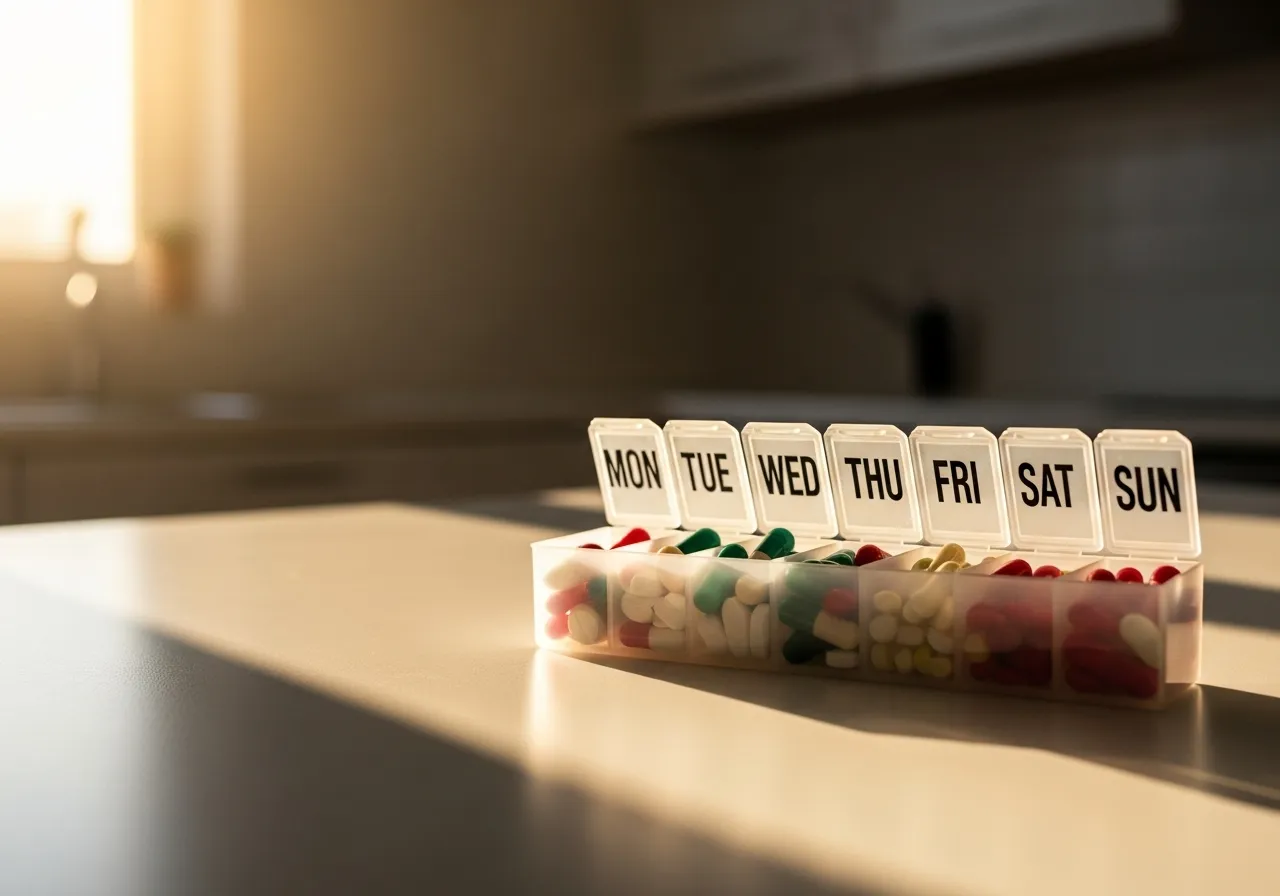 A weekly pill organizer sits on a bright, sunlit kitchen counter with the background softly out of focus.