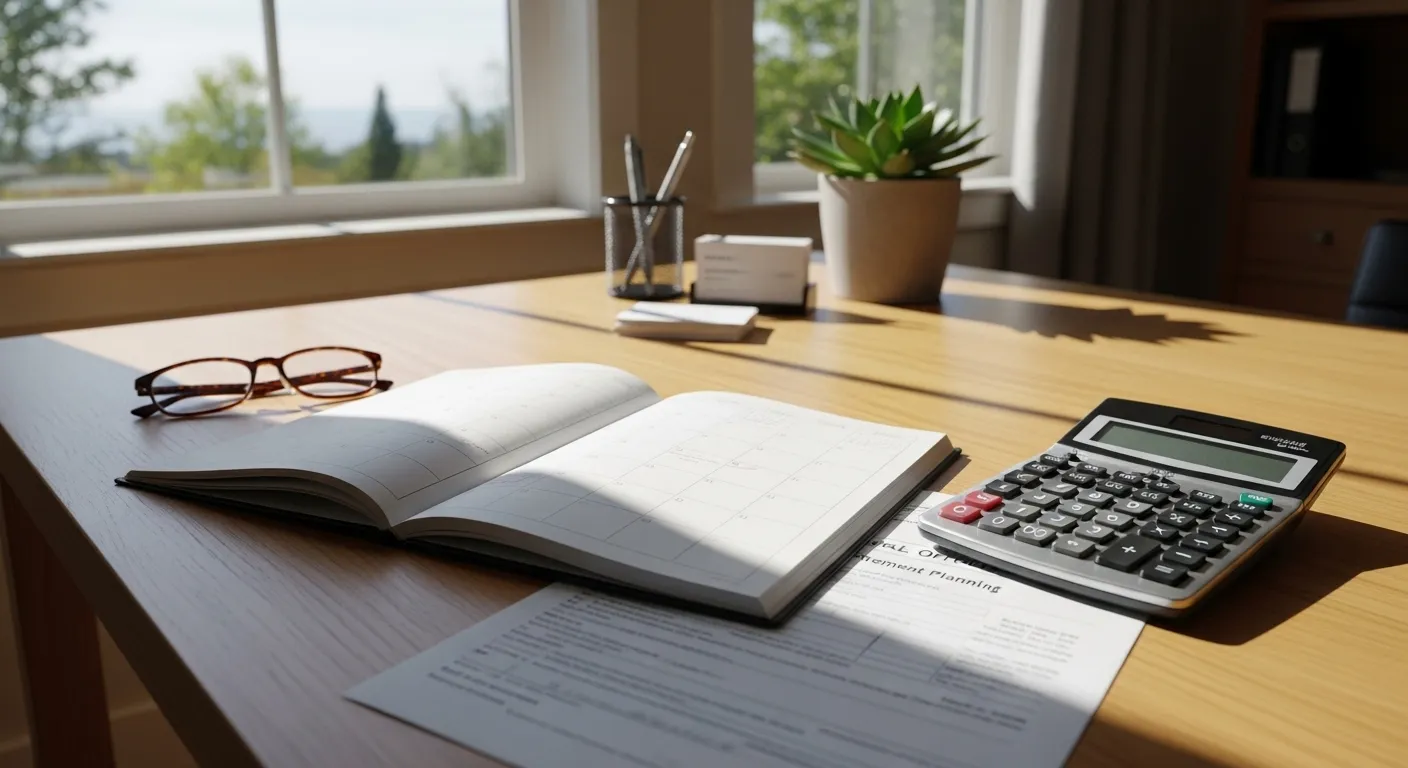 A sunlit home office desk with a planner, calculator, and blurred Social Security application form, indicating financial planning for retirement.