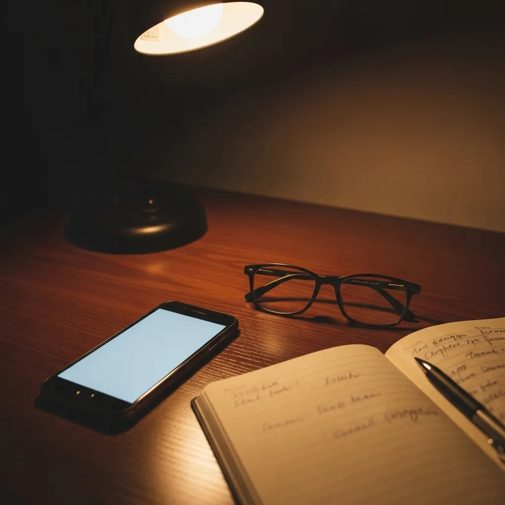 A desk at night with a warm lamp shining on a smartphone, reading glasses, and a notepad.